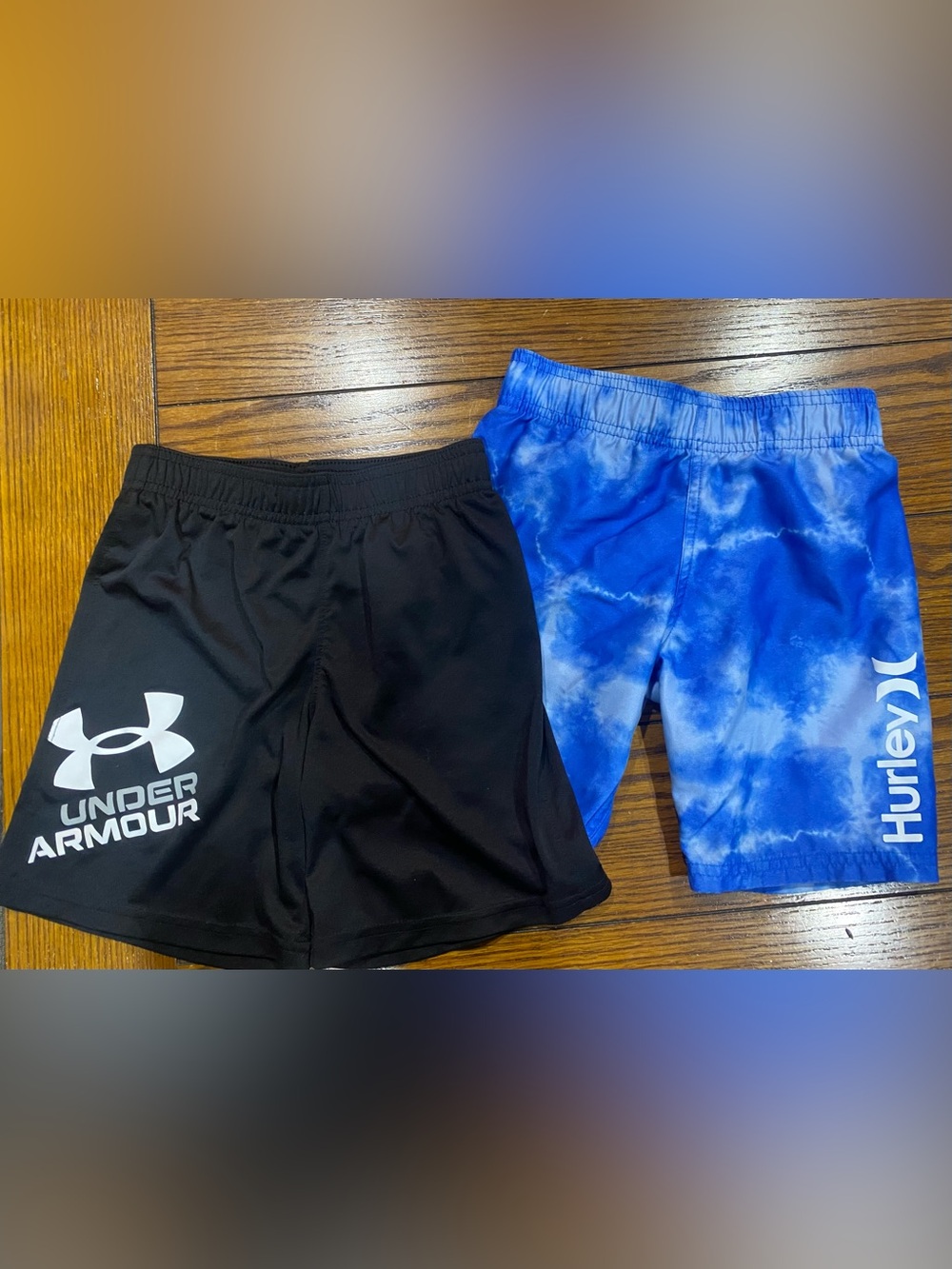 Under Armour Kids Black Athletic Shorts with Blue Tie-Dye Swim Shorts